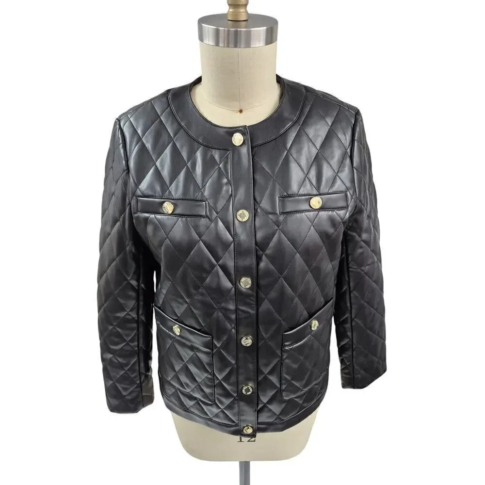 NWT Anne Klein Black Diamond Quilted Polyester Jacket Sz M NWT $209 Leather Like